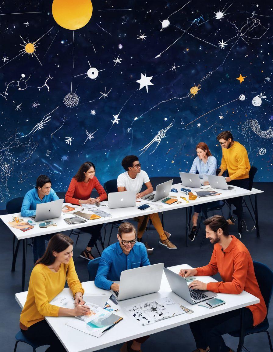 A vibrant scene depicting a diverse group of people working together joyfully in a collaborative workspace, surrounded by symbolic Scorpio motifs like scorpions and constellations. Bright colors burst from their interactions, highlighting teamwork and partnership. Various tools of collaboration—laptops, sketches, and notes—scatter around, signifying effective communication and creativity. The atmosphere feels uplifting and empowering, illustrating the concept of joyful success. super-realistic. vibrant colors. white background.