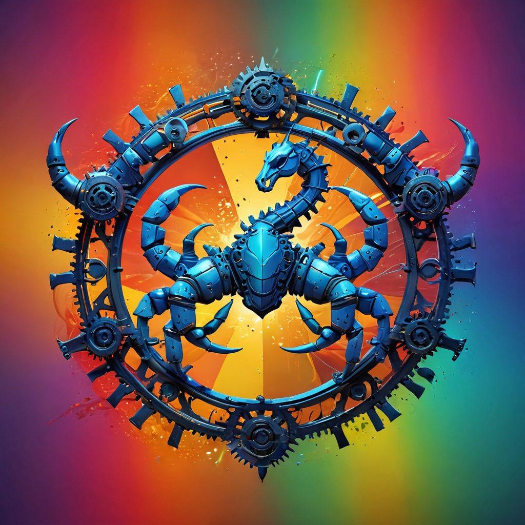 An abstract representation of harmonious Scorpio partnerships showcasing interconnected individuals in a vibrant team dynamic, with scorpions subtly incorporated into the design symbolizing strength and resilience. The background features a blend of warm and cool colors to represent balance and joy. Include elements of teamwork like gears turning together and bright sparks of creativity in the air. 3D illustration. vibrant colors.
