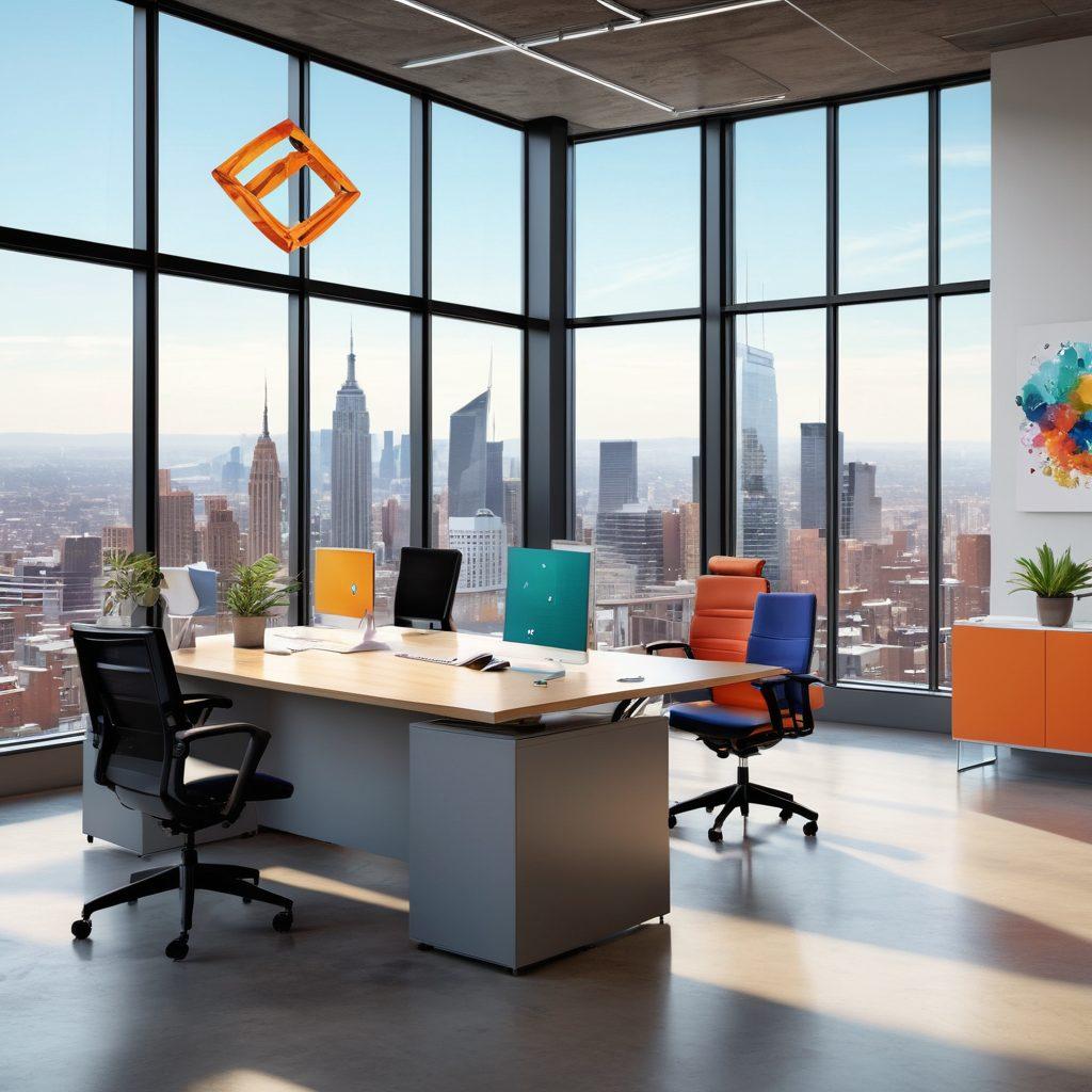A dynamic scene depicting a diverse group of professionals collaborating in a modern office space, showcasing Scorpio symbols subtly integrated into their teamwork activities. The environment should reflect innovation and synergy, with bright colors emphasizing energy and passion. Include a large window displaying a city skyline in the background, symbolizing success. super-realistic. vibrant colors. modern design.